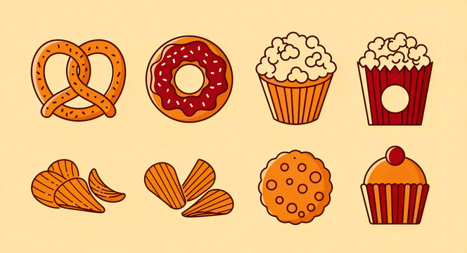 Set of popular snack food icons including pretzels, donuts, and popcorn. Flat vector illustrations of chips, cookies, and cupcakes. Junk food collection ideal for menu design and food marketing.