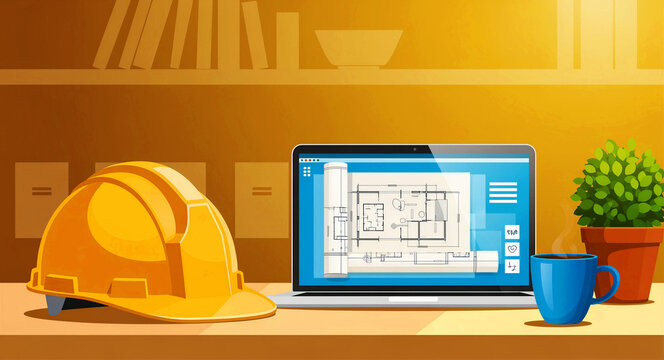 Laptop showing blueprints next to a hard hat on a desk. Office setting features a coffee cup and plant. Construction planning concept for engineering and design.