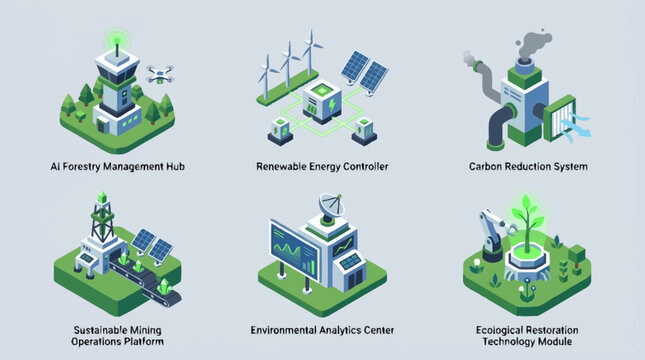 Set of isometric illustrations representing futuristic environmental technology solutions for industry and sustainability.