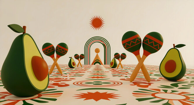 3D avocados and maracas on a patterned floor with a sun and rainbow arch. Vibrant Mexican-inspired illustration in a modern geometric style. Cinco de Mayo holiday concept, ideal for food marketing.