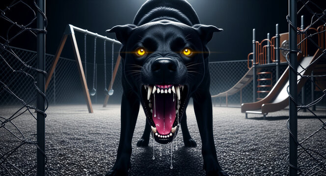 Aggressive black dog snarling with glowing eyes behind a fence. Fierce canine baring teeth in a dark playground at night. Horror and danger concept, ideal for security and fear themes.
