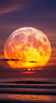 Stunning golden supermoon rising over a calm ocean at twilight.
