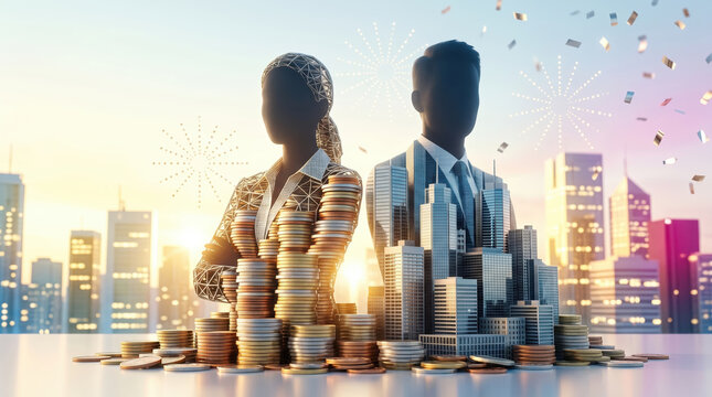 Financial growth investment trust city coins skyscraper business success teamwork urban architecture money economy corporate partnership wealth finance modern building capital strategy development