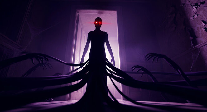 Shadowy figure with glowing red eyes standing in a dark doorway with reaching hands. Spooky supernatural entity emerging from shadows in a haunted house. Horror nightmare concept for fear themes.