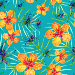 Summer tropical seamless pattern. Floral print with exotic watercolor hibiscus flowers on teal color background © AineGing