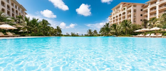 Fototapeta premium Luxury resort booking at a beachfront paradise tropical vacation travel banner with stunning pool view