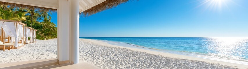 Fototapeta premium Luxury resort booking at a tropical beachfront paradise travel banner for dream vacation reservations