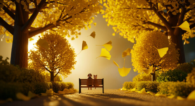 Dog and cat sitting together on a park bench under ginkgo trees. Golden autumn leaves fall around the pets during a warm sunset in a tranquil park. Friendship and seasonal beauty concept.