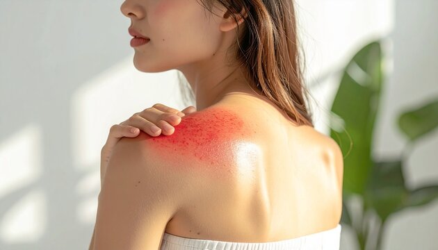 日焼けで赤くなった肩を手で押さえる若い女性の後ろ姿