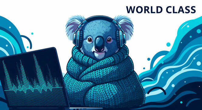 Cute koala wearing headphones and wrapped in a blue blanket sitting at a laptop. Digital nomad character using audio software for podcasting. Creative workflow concept for music and media marketing.