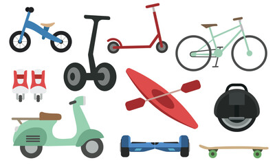 Eco friendly city transport and micro mobility vector illustration set. Flat cartoon electric scooter, bicycle, moped, hoverboard, kayak, and unicycle design elements. © clelia-clelia