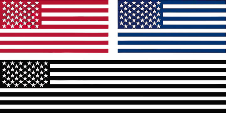 Three variations of the american flag in a flat vector style with red blue and monochrome color