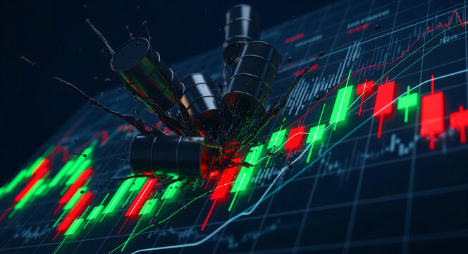 Oil barrels splashing out from a stock market candlestick chart. Crude oil containers bursting through financial data. Energy market volatility concept for oil price analysis and news.