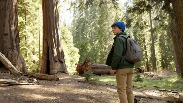 Child hiker with backpack exploring giant trees in peaceful forest