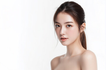 Fototapeta premium Asian Female model for cosmetic advertising. Beauty skin woman with bare shoulder on white background.
