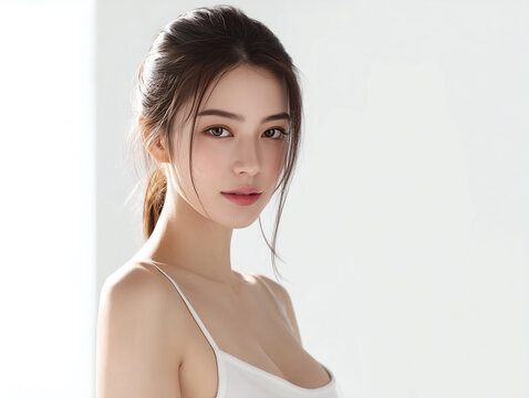 Asian Female model for cosmetic advertising. Beauty skin woman with bare shoulder on white background.