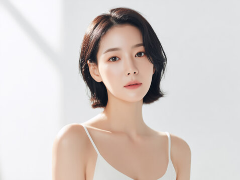 Asian Female model for cosmetic advertising. Beauty skin woman with bare shoulder on white background.