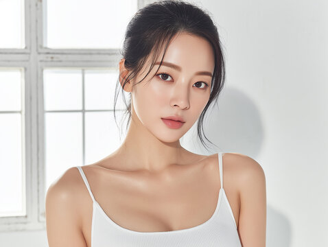 Asian Female model for cosmetic advertising. Beauty skin woman with bare shoulder on white background.