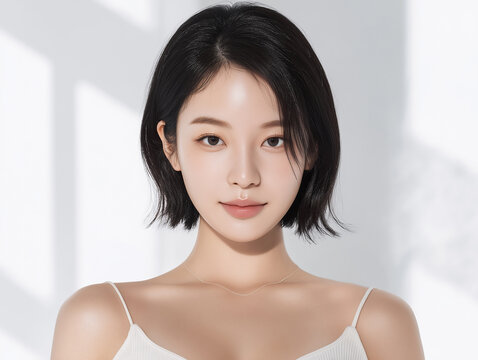 Asian Female model for cosmetic advertising. Beauty skin woman with bare shoulder on white background.