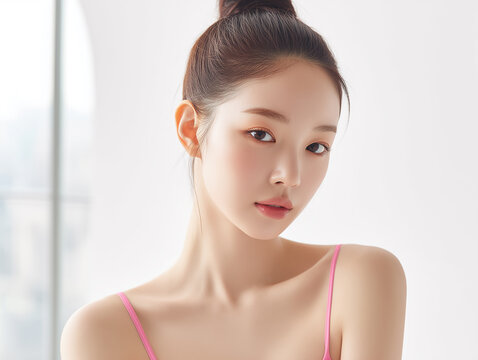 Asian Female model for cosmetic advertising. Beauty skin woman with bare shoulder on white background.