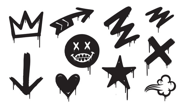 Spray paint graffiti smiley face star heart arrow and zigzag shapes with urban dripping style
