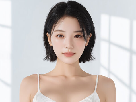 Asian Female model for cosmetic advertising. Beauty skin woman with bare shoulder on white background.