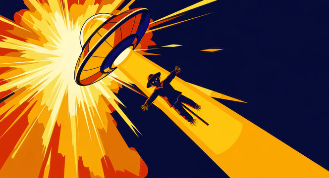UFO abducting a scarecrow with a bright tractor beam. Stylized illustration with bold orange light and explosive energy. Sci-fi mystery concept, ideal for creative posters and covers.