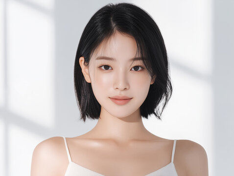 Asian Female model for cosmetic advertising. Beauty skin woman with bare shoulder on white background.