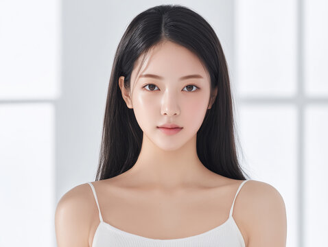 Asian Female model for cosmetic advertising. Beauty skin woman with bare shoulder on white background.