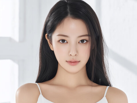Asian Female model for cosmetic advertising. Beauty skin woman with bare shoulder on white background.
