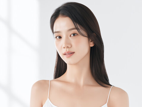 Asian Female model for cosmetic advertising. Beauty skin woman with bare shoulder on white background.
