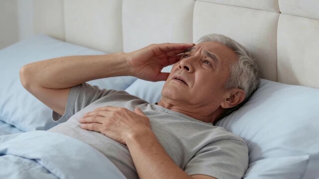 Elderly man lying awake in bed with worried expression during morning