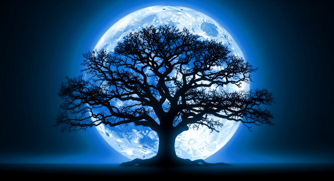 Silhouette of an ancient tree against a giant glowing blue moon. Bare branches create a detailed pattern against the luminous night sky. Mystical fantasy concept ideal for atmospheric backgrounds.