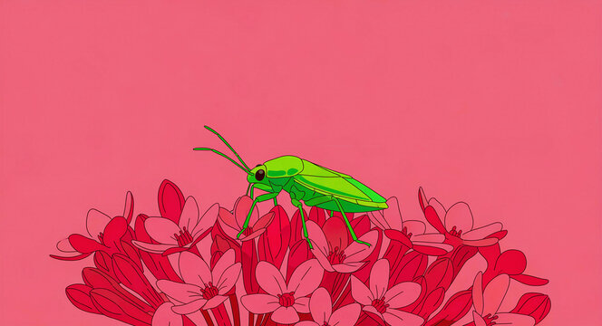 Bright green insect sitting on pink flower cluster. Minimalist 2D animation style illustration of a shield bug in a garden setting. Nature and wildlife concept, ideal for graphic design projects.