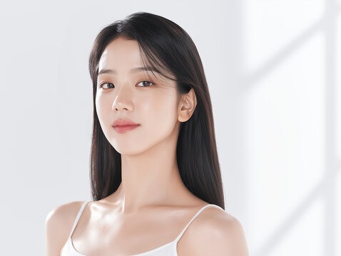 Asian Female model for cosmetic advertising. Beauty skin woman with bare shoulder on white background.