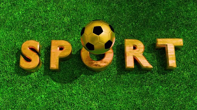 Animation video 4k of bold golden &ldquo;SPORT&rdquo; text with metallic gradient and reflective texture, placed on green grass background, with golden soccer ball replacing the letter O