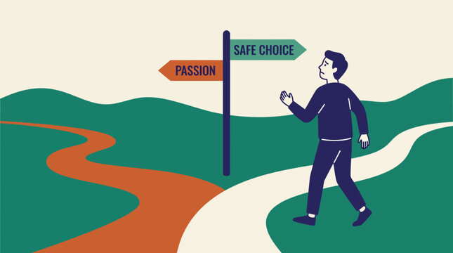 Man choosing between passion and safe choice career path at crossroads illustration