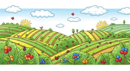 Fototapeta premium Colorful cartoon farm landscape with animals and crops.