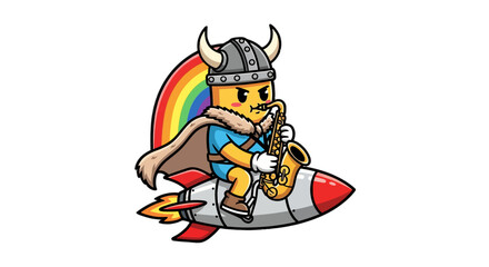 Fototapeta premium Cute Lego Viking Playing Saxophone on Rocket Adventure.