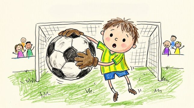 Young boy goalkeeper wearing gloves catches a big soccer ball in front of the goal