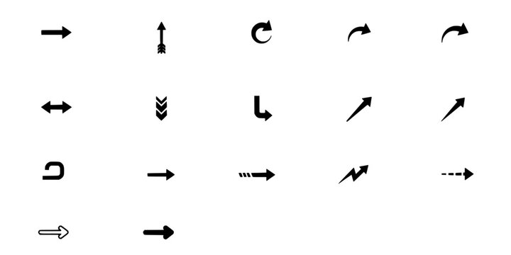 Arrow Icons Arranged in a Grid, Minimal Black and White Vector Graphics for Navigation and Interface Design