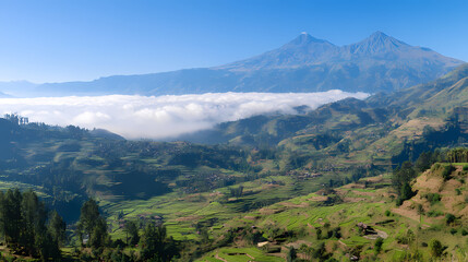 Fototapeta premium Stunning Mountain Valley Landscape with Misty Clouds