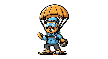 Fototapeta premium Cute cartoon bear parachuting with goggles and skateboard.