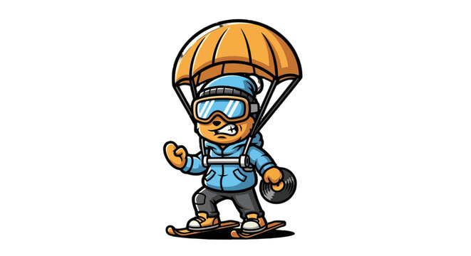 Cute cartoon bear parachuting with goggles and skateboard.