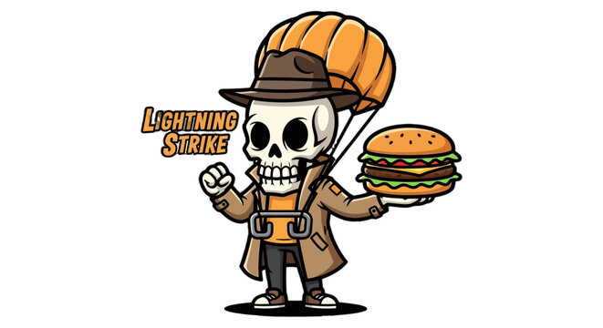 Cartoon Skeleton Holding Burger With Parachute Hat.
