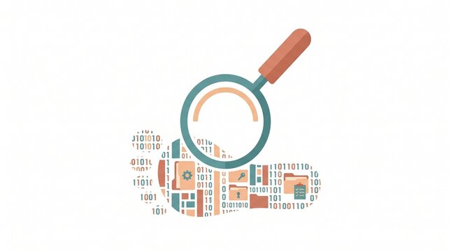 Minimalist flat vector illustration of a magnifying glass inspecting a footprint made of binary code and files, representing the concept of digital footprint and cyber forensics