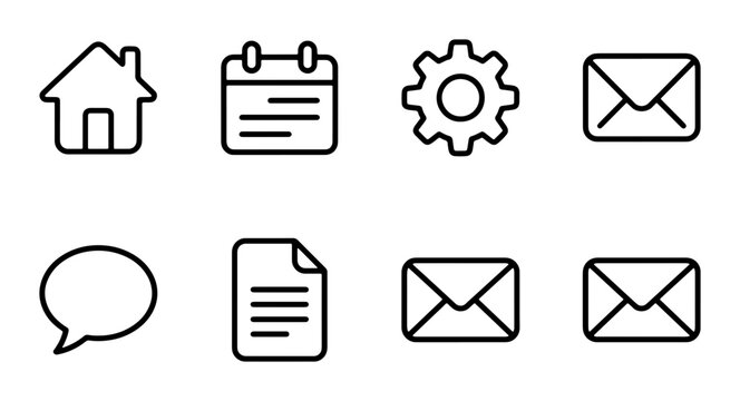Minimalist Line Icons Set: Home, Calendar, Settings, Email, Chat Bubble, Document, Mailbox, Envelope - Essential UI Elements for Web and App Design