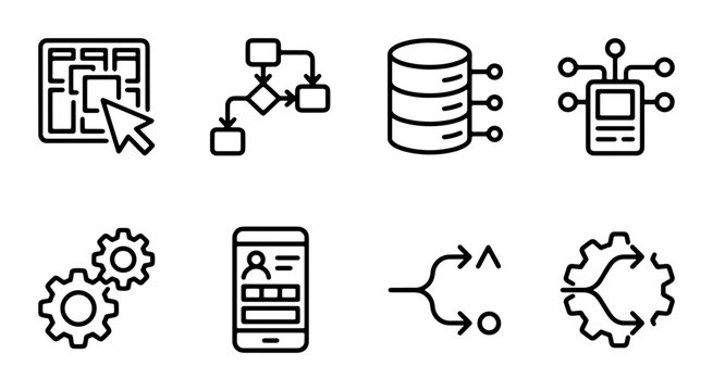 Abstract Technology Icons: Data Flow, Workflow, Database, Machine Learning, Gears, Mobile App UI, Decision Tree, Process Automation