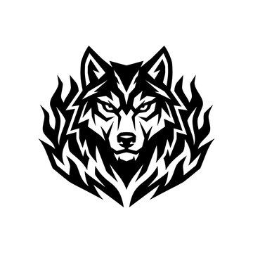 Tribal style wolf head with fire flames graphic icon predator aggressive silhouette stylized creature minimalist illustration abstract strength wolfpack
