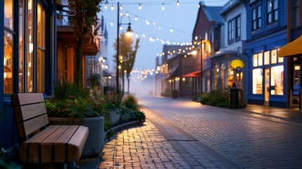 Fototapeta premium Serene Empty Market Street at Dusk with Muted Blue Storefronts and Twinkling Lights